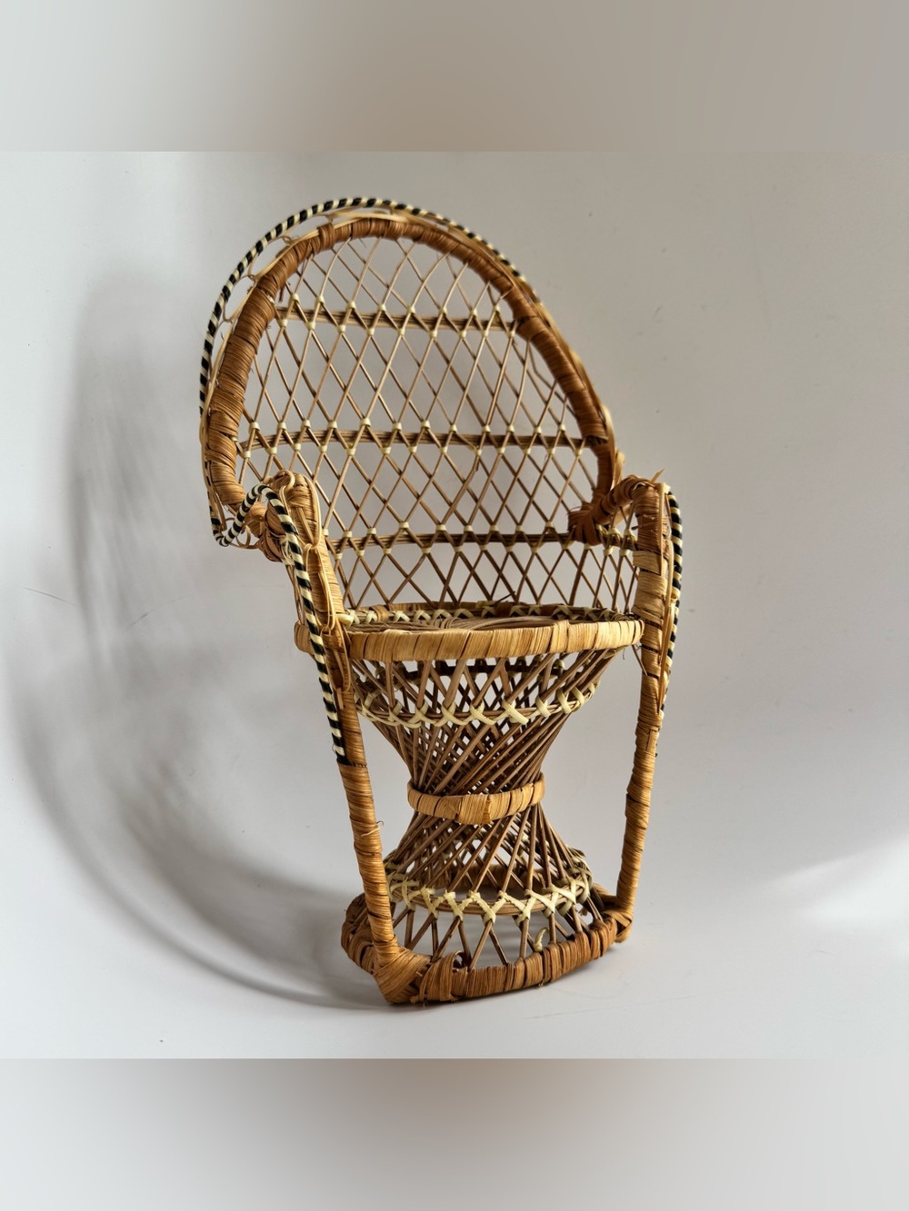 VTG 60s Chair Mini Woven Rattan Peacock-Style Natural Brown Doll or Plant Boho